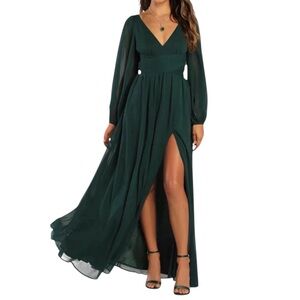 NWT Lulus Enchant My Love Emerald Green Long Sleeve Chiffon Maxi Gown Dress